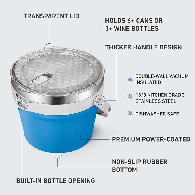 COKTIK 7L Insulated Ice Bucket with Lid，Double Wall Vacuum Stainless Steel Beverage Bucket Keeps Frozen Longer，Holds 6 Longnecks or 3 Bottles of Wine，for Cocktail, Champagne, Large Parties(Blue)