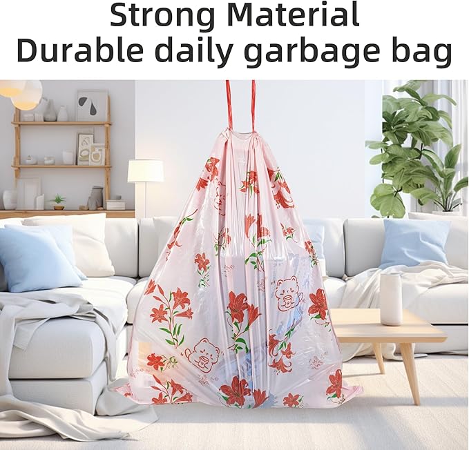 13 Gallon Trash Bags Drawstring, 50 Count Tall Kitchen Trash Bags, Sturdy Large Trash Bags, Lily Printed Garbage Bags 13 Gallon Tall Kitchen, Tear Resistant Kitchen Garbage Bags for Kitchen