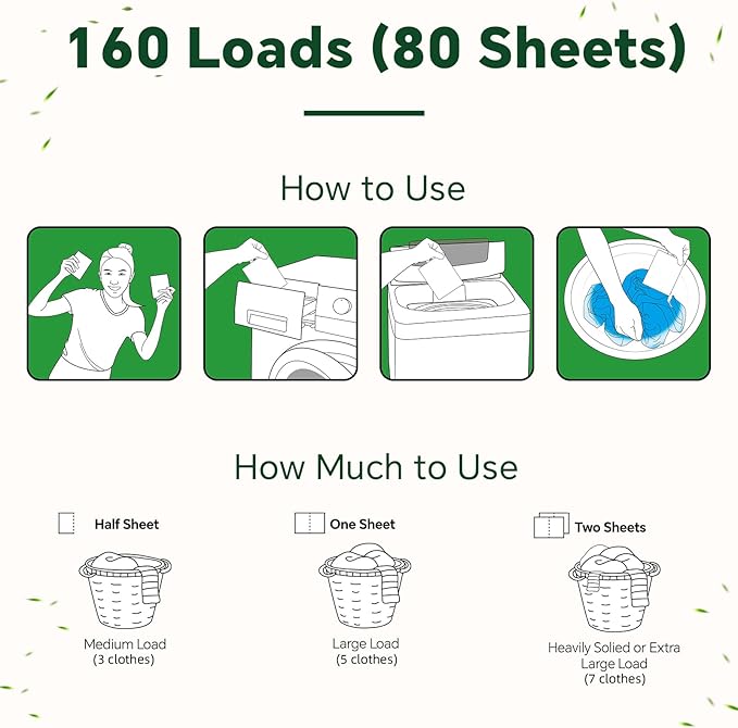 Laundry Detergent Sheets Fresh Scent, Eco-Friendly, Powerful Cleaning, Up to 160 Loads (80 Sheets), Hypoallergenic Laundry Soap for Travel and Home Washing