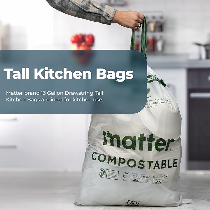 Matter Compostable 13 Gallon Tall Kitchen Trash Bags with Drawstring, Eco-Friendly, Unscented, Durable, Leak-Resistant, 60 Count