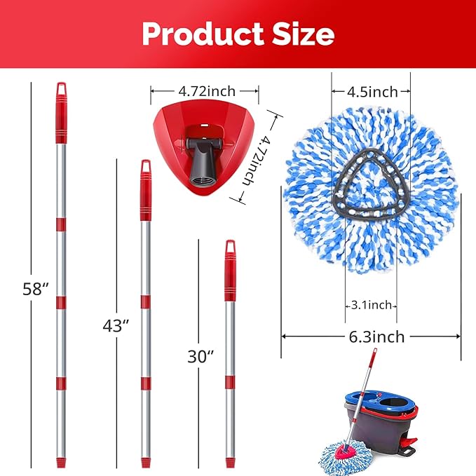Spin Mop Head, Base, Handle Replacement for O-Ceda RinseClean 2 Tank System,4 Microfiber Mop Refills, 1 Base and 30-58in Handl Set Combo (Blue 2 Tank System)