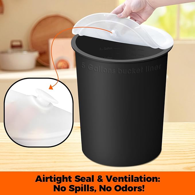 5 Gallon Bucket Liner with Lid for Concrete Mix and Mud - Food Grade Reusable Silicone Bucket Liner (Black, 5 Gallon with Lid)