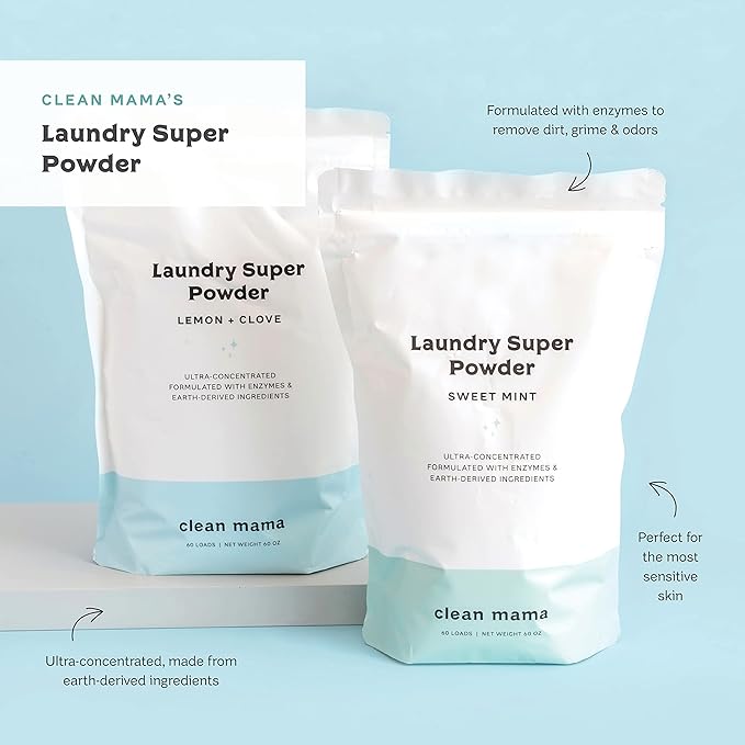 Clean Mama Laundry Super Powder Detergent - Extra Strength Laundry Detergent Powder - Natural Laundry Detergent for Sensitive Skin - Enzyme Powered, Fights Stains & Odors - Sweet Mint, 60 Loads