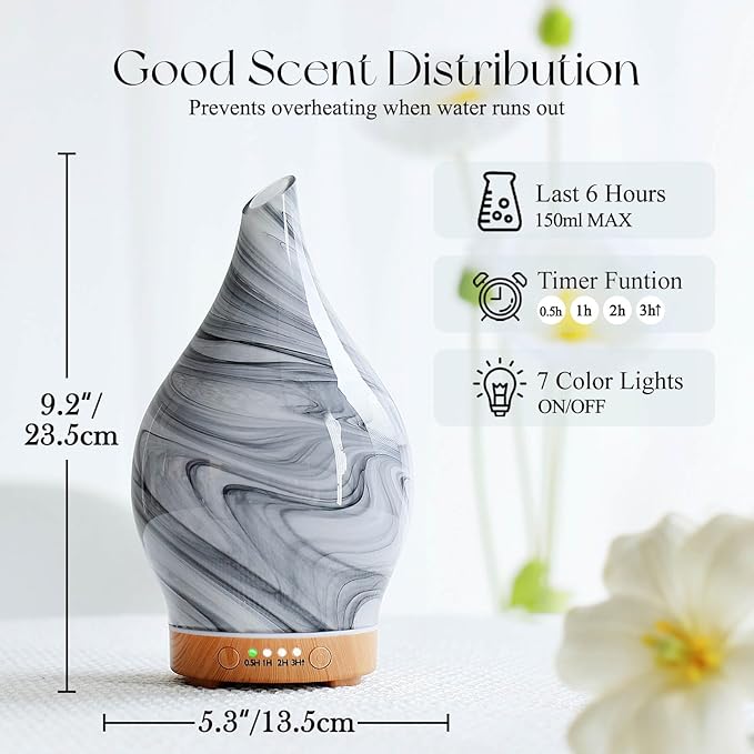 Porseme 150ml Essential Oil Diffuser Glass Color Changing Aroma Air Diffusers Aromatherapy Ultrasonic Cool Mist Humidifier 6 Running Hours Waterless Auto-Off for Sleeping, Yoga, Office, Spa (Ink)