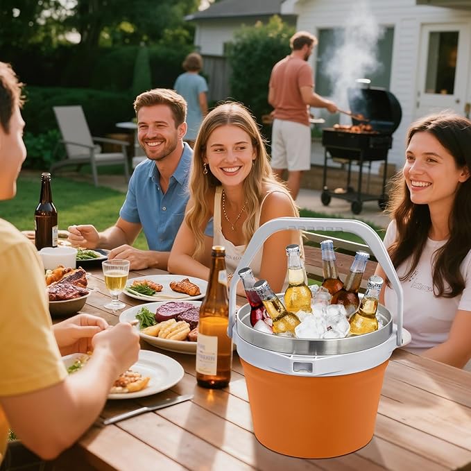 COKTIK 7L Insulated Ice Bucket with Lid，Double Wall Vacuum Stainless Steel Beverage Bucket Keeps Frozen Longer，Holds 6 Longnecks or 3 Bottles of Wine，for Cocktail, Champagne, Large Parties(Orange)