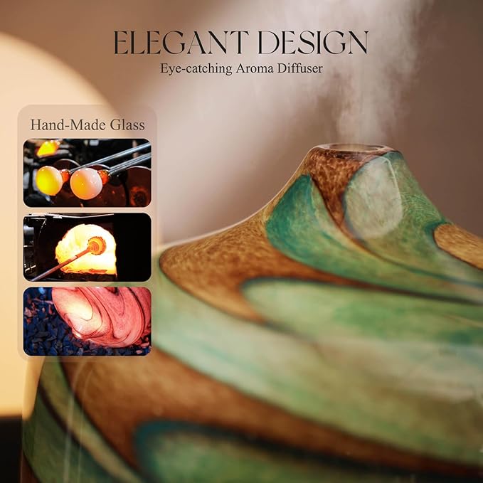 Porseme 500ml Glass Essential Oil Diffuser Aromatherapy Ultrasonic Cool Mist Humidifier 15-21 Running Hours Waterless Auto-Off Air Diffusers for Sleeping Yoga Office Working Spa and Rest (Teal Green)