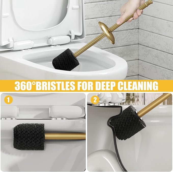 BESy Toilet Brush and Holder, Toilet Cleaner Bowl Set with Two Brush with Extra Long Handle, Durable Bristles Toilet Scrubber and Covered Holder, Drip-Proof Stainless Steel Brushed Gold
