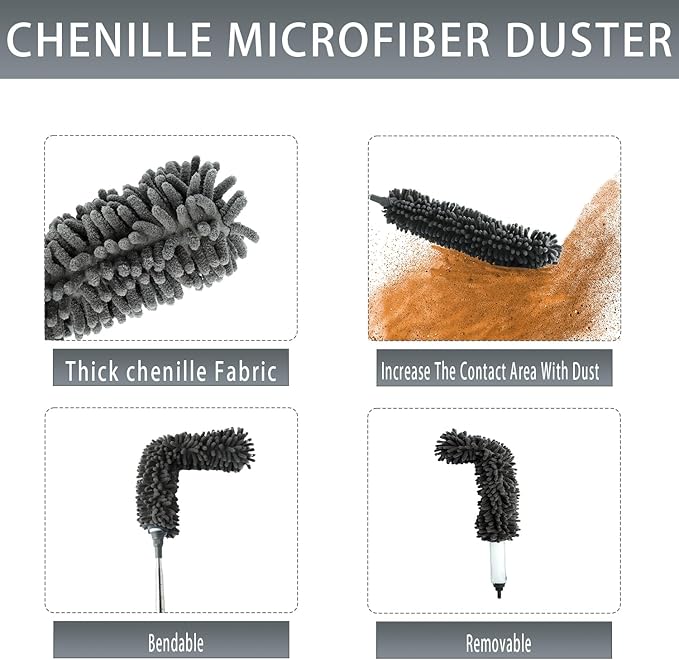 Cobweb Duster with Extension Pole,100" Ceiling Fan Duster Kit with 3 Heads,Bendable Ceiling Fan Cleaner Duster,Washable Reusable Dusting Pole for High Ceiling and Walls Furniture Home