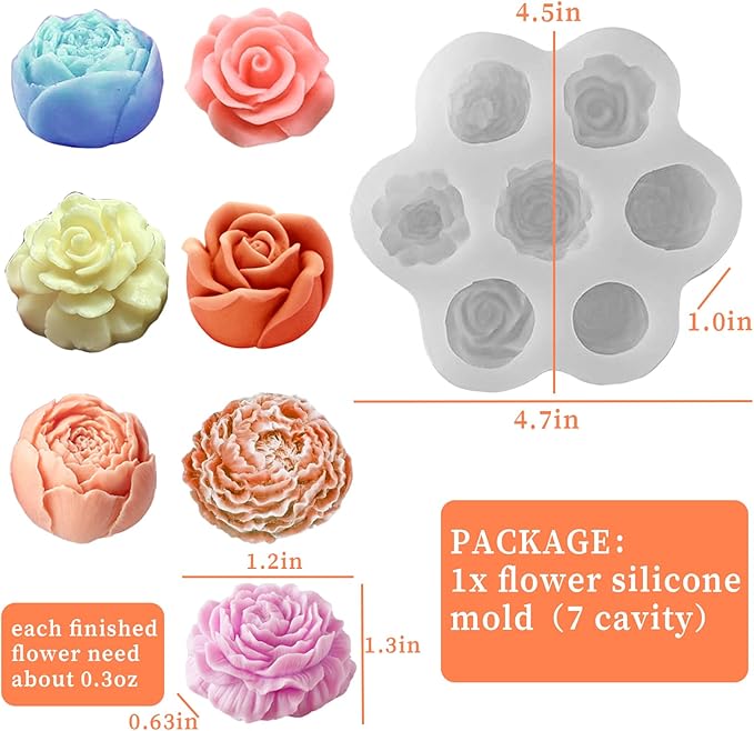Wehous Flower Molds Silicone, 7 Cavity Rose Peony Fondant Mold for Jelly Chocolate Cake Decorating, 3D Candle Soap Silicone Mold Floral Epoxy Resin Casting Clay Mould Handmade Art Craft Accessories