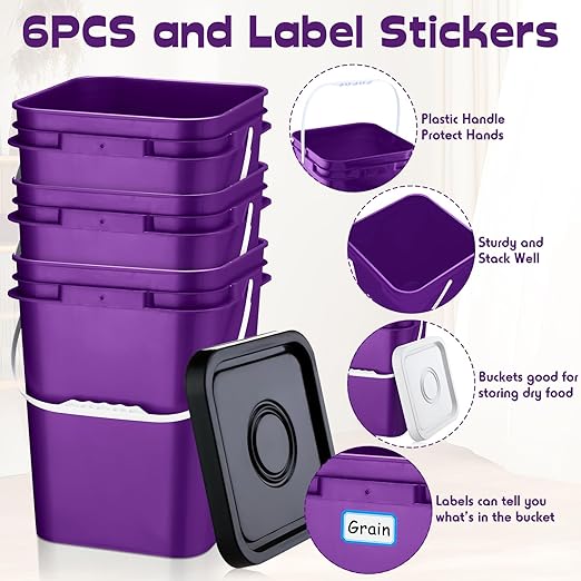 Vesici 6 Pcs 5 Gallon Food Grade Square Buckets with Lids 5 Gal Plastic Food Storage Square Bucket Heavy Duty Industrial Pail Container with DIY Label Stickers Handles for Water Painting(Purple)