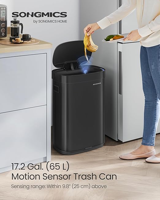 SONGMICS Kitchen Trash Can, 17.2-Gallon (65 L) Motion Sensor Garbage Can, Stainless Steel Trash Bin, Ozone Odor Control, Stay-Open, Ink Black ULTB660B01