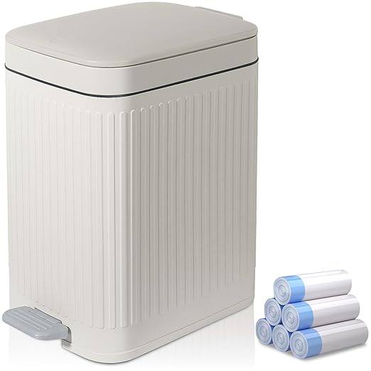 rejomiik Small Bathroom Trash Can with Lid 2.6 Gallon Step Trash Can Slim Garbage Can with Soft-Close Waste Bin for Bathroom, Bedroom, Office, Dorm, RV, Off-White