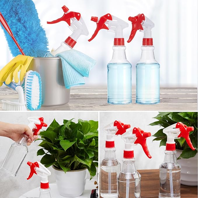Eccliy 20 Pack 16oz Empty Spray Bottles, Leakproof Cleaning Bottles with Measurement and Adjustable Nozzle for Housekeeping, Commercial Use(Clear Cylinder,Red White Spray Head)