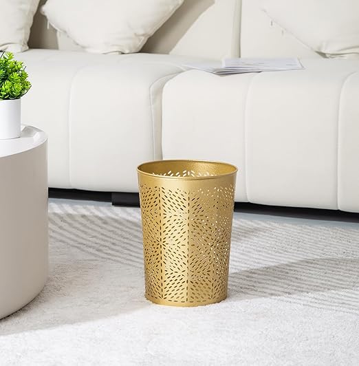 Small Gold Metal Trash Can Wastebasket, Decorative Hollow-Out Garbage Can Waste Paper Bin, Modern Farmhouse Round Trash Bin for Bathroom, Bedroom, Kitchen and Office (Floral)