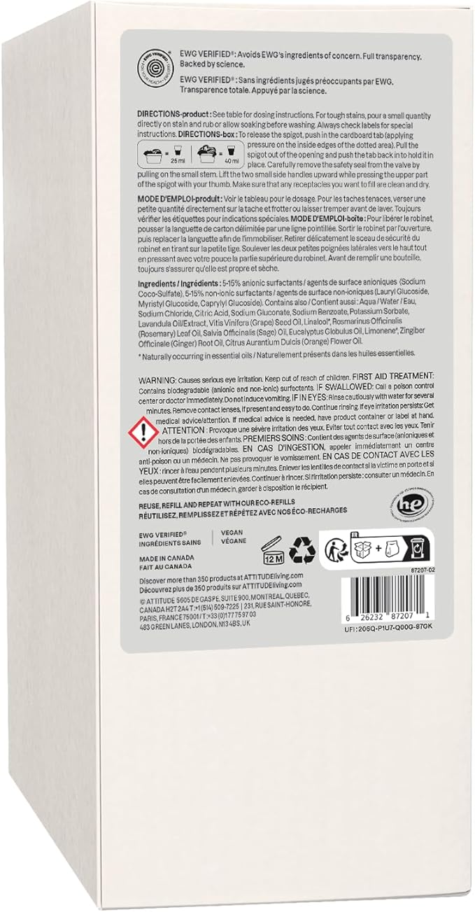 ATTITUDE Laundry Detergent with Essential Oils, EWG Verified, Vegan, Plant and Mineral-Based Ingredients, HE, Bulk Refill, 80 Loads, Lavender and Rosemary, 67.6 Fl Oz