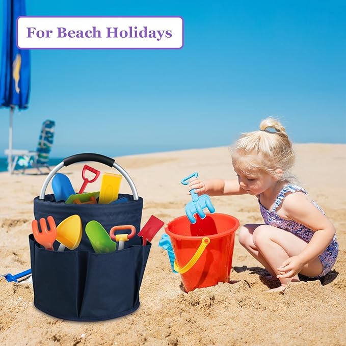 17L Cleaning Caddy with Handle, Portable Shower Caddy in 600D Oxford Fabric, Bucket Tool Organizer with 6 Side Pockets, Collapsible Storage Basket for Cleaning, Camping, Navy Blue