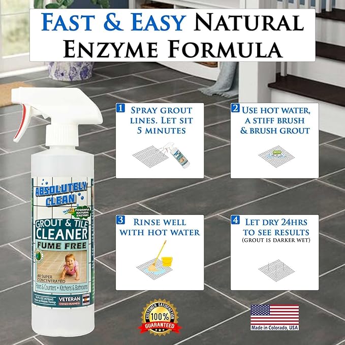 Absolutely Clean FAST GROUT CLEANER! - Professional Strength, Natural Enzyme Formula - Fast Acting, Fume Free - USA Made (16oz 2 Pack Cleans Up To 500 sq ft)