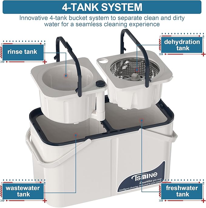 Spin Mop and Bucket System, Mop and Bucket Separate Clean and Dirty Water,4-Chamber Hardwood Floor Mop Household Cleaning Tools with 8 Microfiber Replacement Head Refill