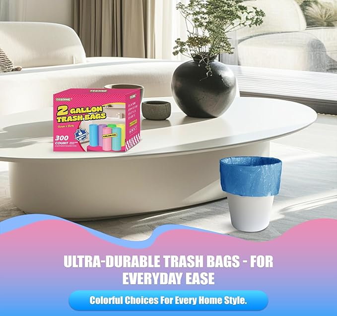 300 Count 3 Gallon Trash Bags - 12 Liter Colored Small Garbage Bags Unscented Wastebasket Liners Heavy Duty & Leakproof Mini Can Liners for Bathroom Toilet Home Office