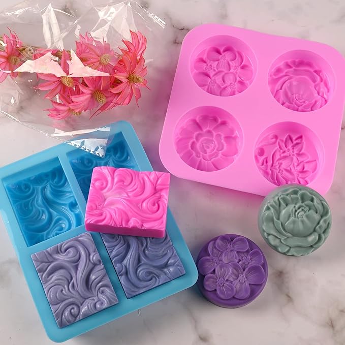 Sakolla 2 Pack Silicone Soap Molds, 4 Cavities Rectangle Wave and Round Flower Silicone Molds for Handmade Soap, Candle and Mousse Cake