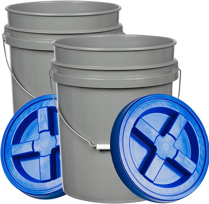 House Naturals 5 Gallon Food Grade BPA Free Made in USA Pails Gray Bucket with Screw On Air Tight Lid (2, Gray with Blue lids)