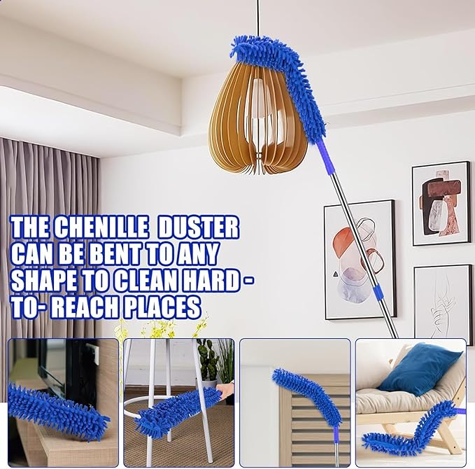 Ceiling Fan Cleaner Duster with 80" Extension Pole, Flexible and Washable Chenille Fan Duster for High Ceiling Fan Blades Light Fixtures Furnitures