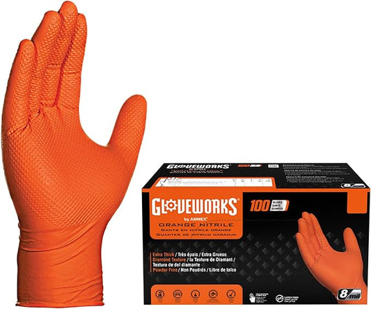 GLOVEWORKS Heavy-Duty Nitrile Gloves, Disposable, Latex Free, 8 Mil, Orange, Diamond Grip Glove
