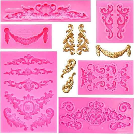 Rainmae 6 Pcs Baroque Style Curlicues Scroll Lace Fondant Silicone Mold, Relief Flower Lace Mould Filigree Mold 3D Sculpted Decoration, Cupcake Topper, Jewelry, Polymer Clay, Crafting Projects