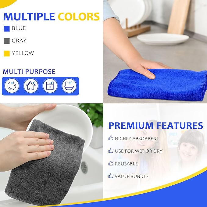 Nuenen Microfiber Cleaning Cloths for Cars 16 x 16 Inch Ultra Absorbent Car Towels Drying Reusable Cleaning Supplies House Kitchen Window Microfiber Towel(Blue, Gray, Yellow,60 Pcs)