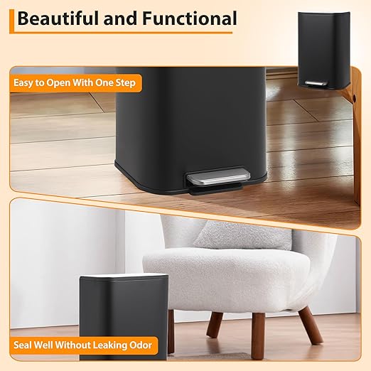 Stainless Steel Kitchen Trash Can 5.2 Gallon (20L) - Soft-Close Lid, Foot Pedal & Removable Inner Basket, Rectangular Step Bin for Office, Bedroom, Bathroom