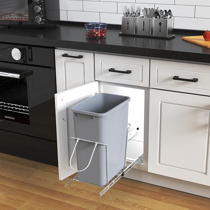 Single Pull-Out Trash Can, 35QT Under-Cabinet Kitchen Bin, Metal Frame, Grey, Fits Above 14” Opening Cabinets