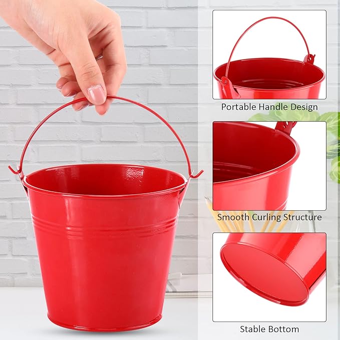 Rtteri 24 Pcs Metal Bucket 5 x 3.5 x 4.7 Inch Mini Party Buckets for Flower Pot Plant Basket Iron Small Metallic Pails with Handle for Container Candy Snack Crafts Vase Party Favors(Red)