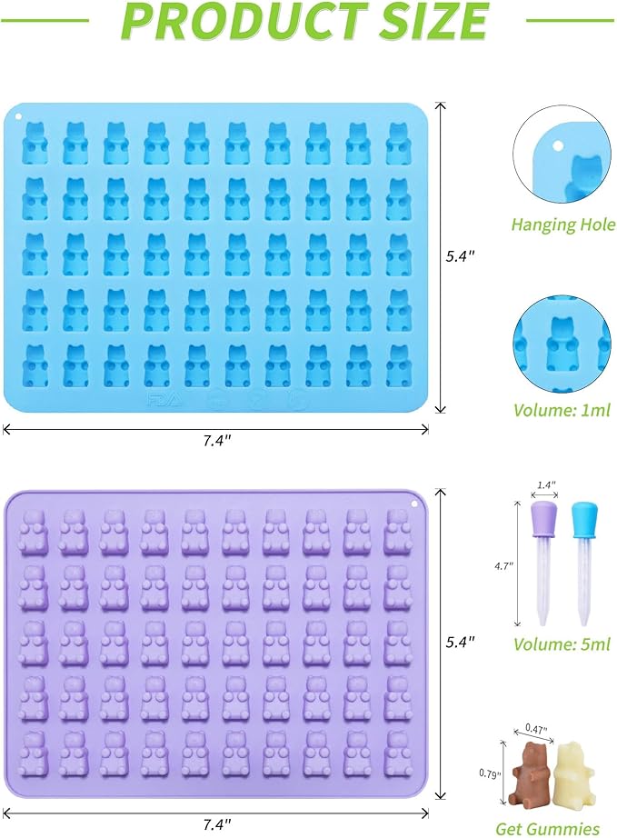Gummy Bear Silicone Molds 4 PCS, KKDINDAN Mini Size Chocolate Gummy Molds with 2 Droppers, BPA Free Food Grade Platinum Silicone Molds, Nonstick Candy Molds