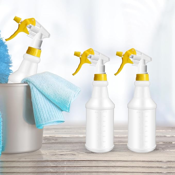 Zubebe 24 Pack 32 oz Plastic Spray Bottle Bulk Empty Leakproof Heavy Duty Spray Bottles for Cleaning Supplies Mist Bottles with Label and Adjustable Nozzle for Plant(Yellow,Clear Scale)