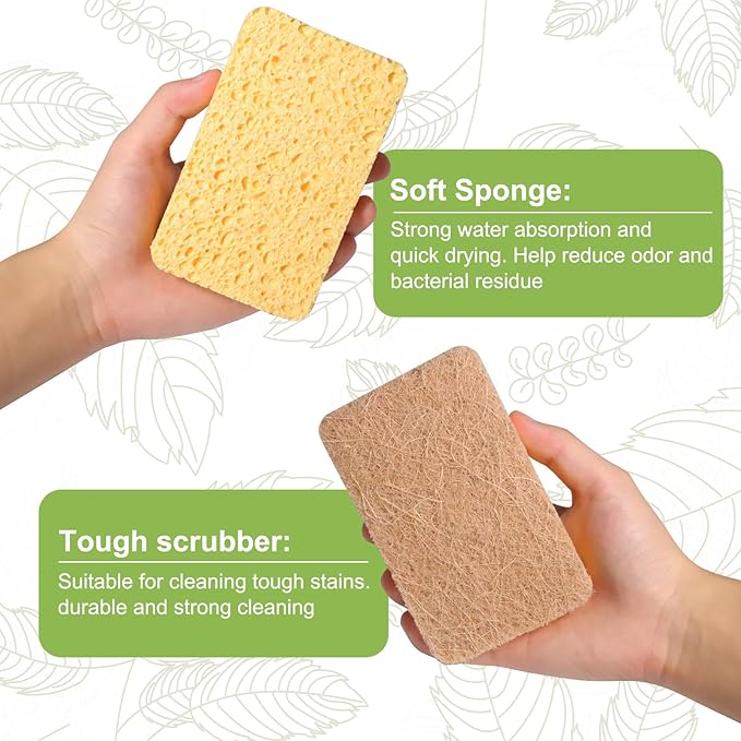 12 Pack Non-Scratch Scrub Sponge, Natural Kitchen Sponges for Cleaning Kitchen, Scratch Free Biodegradable Sponges for Dishes, No-Stick Cookware