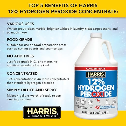 HARRIS 12% Concentrated Hydrogen Peroxide, 128oz, for Kitchen, Bath, Laundry, Home and Garden with Easy Fill Funnel