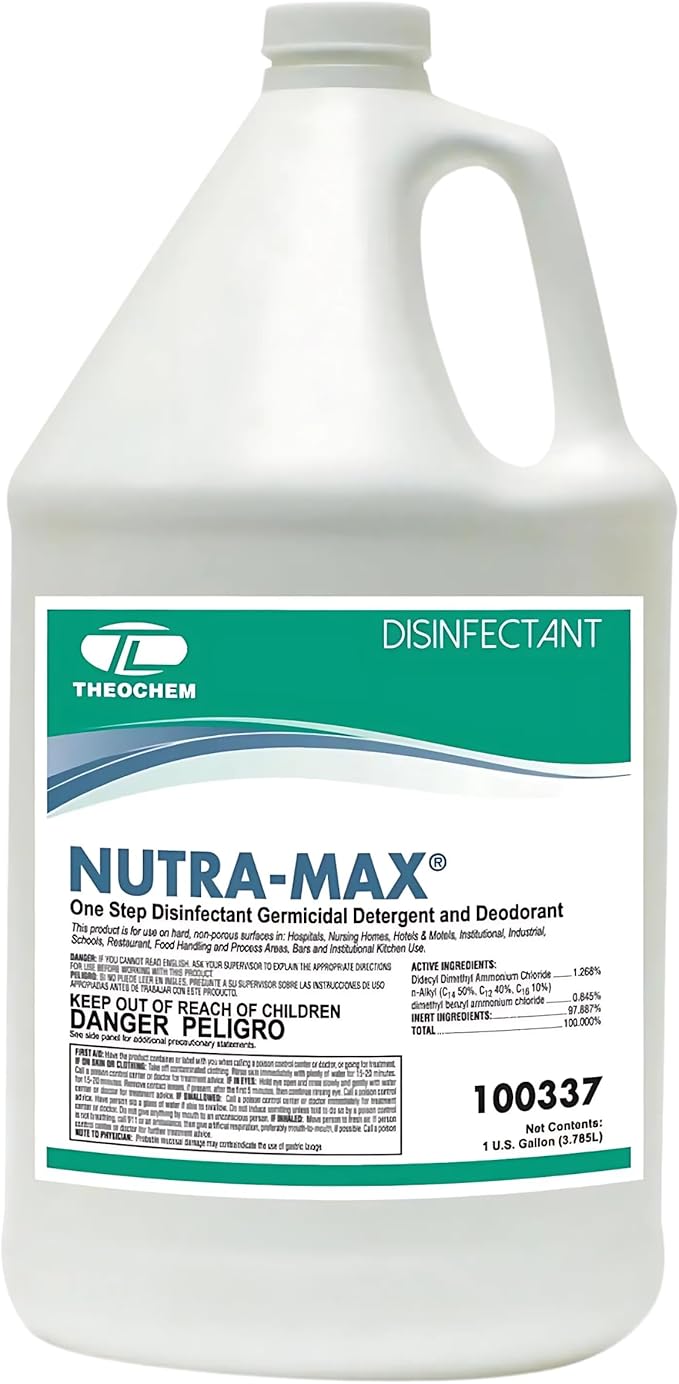 Nutra-Max Concentrated Hospital Grade Disinfectant, EPA List N Registered, Kills 99.9% Viruses & Bacteria, 1:32 Dilution Makes 32 Gallons, Commercial Strength Multi-Surface Cleaner