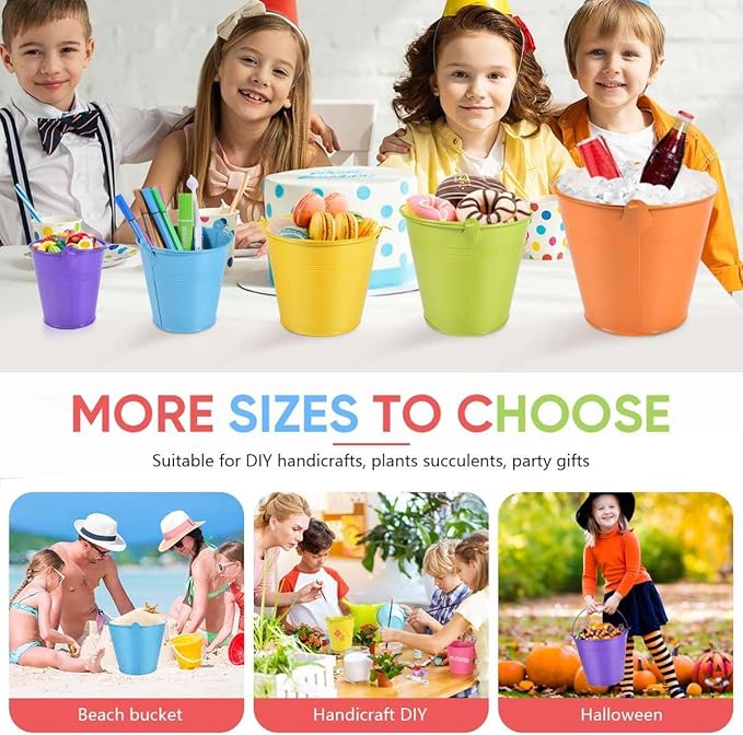 OBTANIM 7 Pack Pink Metal Buckets with Handle Galvanized Ice Pails for Plants, Succulents, Party Favors Organizing, Rustic Home Decor or Classrooms Pencil Storage (9.1 x 6.7 inch)