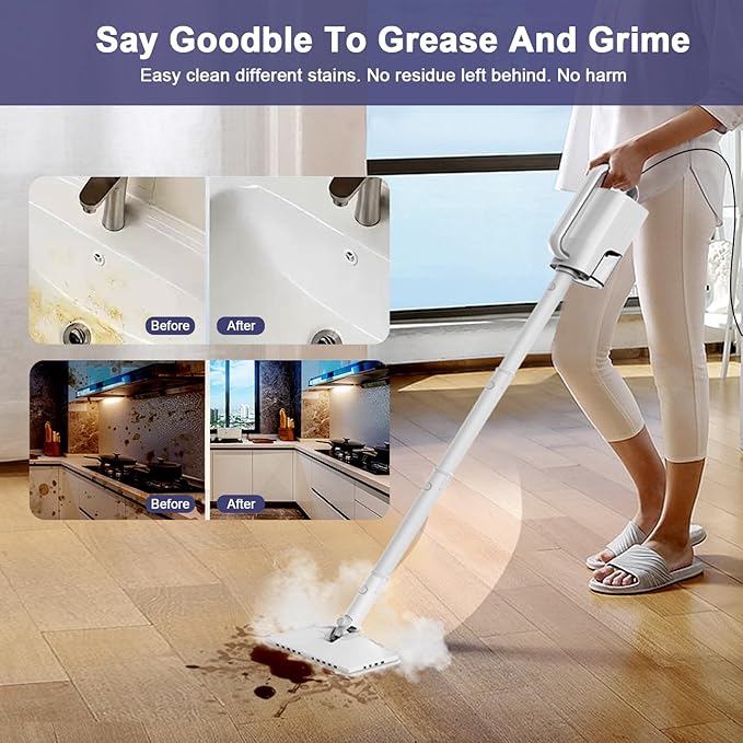 Steam Cleaner, 6 in1 Rotated Steam Mop Cleaner with 2 Modes, 2 Microfiber Pads, 400ML Removable Tank, 23FT Power Cable, Detachable Steam Mops for Floor, Laminate Floor, Tiles Cleaning (Sky White)