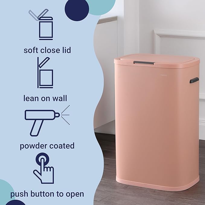 happimess HPM1017G Tammi Kitchen 14.5-Gallon Slim Metal Push Button Trash Can for Home, Kitchen, Laundry Room, Office, Bedroom, Bathroom, Flamingo Pink