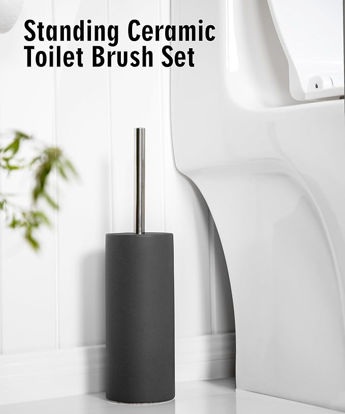 Matt White Ceramic Toilet Brush and Holder Set, Durable Bristles Non Scratch Toilet, Long Stainless Steel Handle, Freestanding Toilet Bowl Cleaners Brush, Scrubber Brush for Toilet