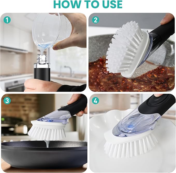2 Pack Soap Dispensing Dish Brush, Dish Scrub Brush with Soap Dispenser, Dish Soap Brush for Dishes, Pans, Sink, Pots