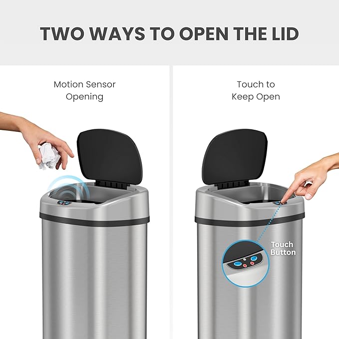 iTouchless SensorCan 50 Liter / 13 Gallon Kitchen Trash Can with Lid & Odor Filter – Motion Sensor Stainless Steel Garbage Bin for Home, Office, or Garage – Slim Oval Shape, Large Capacity Design