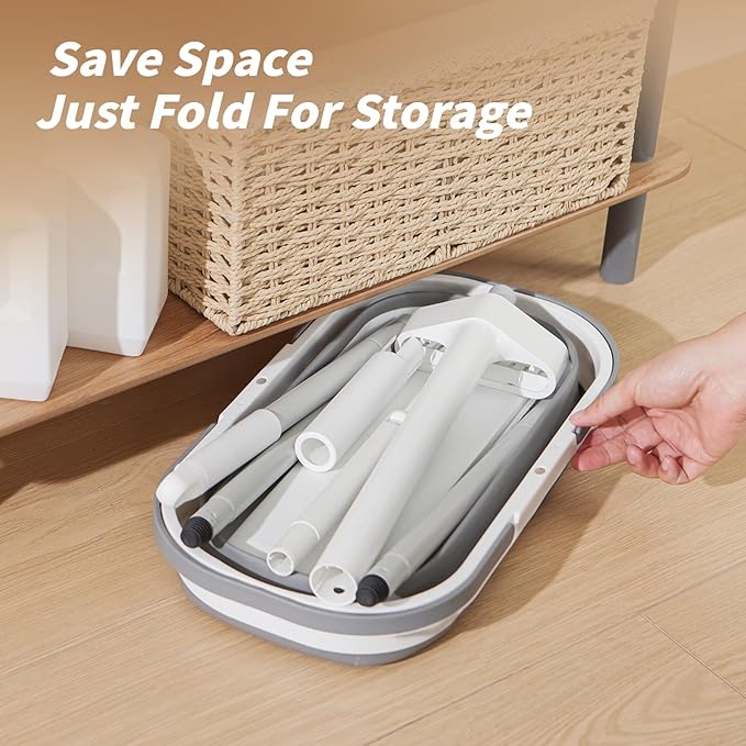 Oshang Flat Mop and Collapsible Bucket OG7 with Wheels, 2 Washable Reusable Microfiber Pads, Pure White