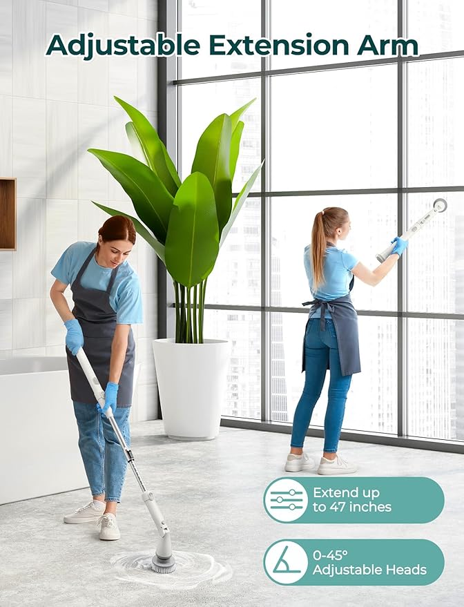 Sweepulire Electric Spin Scrubber SW1, Shower Scrubber with Long Handle, 2 Spin Speeds, Electric Bathroom Scrubber with 8 Replacement Heads, Bath Tub Cleaner Brush for Floor, Tub, Shower, Tile