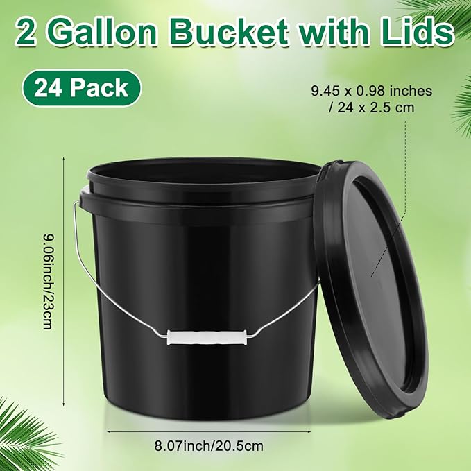 Tioncy 24 Pcs 2 Gallon Plastic Bucket with Lid Heavy Duty 2 Gallon Bucket Pail with Lid Handle for Storage Container Home Household Cleaning (Black)