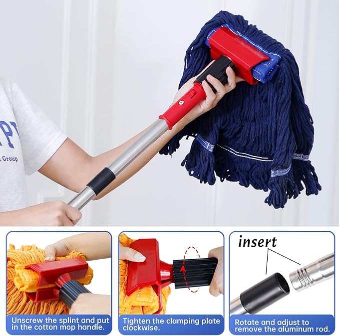 Heavy Duty Commercial Mop with 77inch Long Handle, Looped-End String Wet Mop with 12 Mop Heads for Home, Garage, Office Floor Cleaning (Blue-Orange)