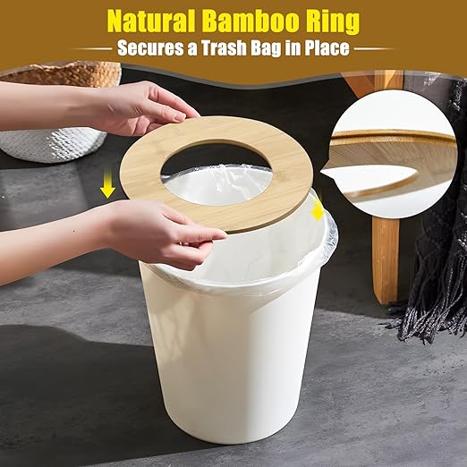 White Trash Can for Bedroom with Bamboo Lid, 2.4 Gallon Open Top Trash Can 2 Pack, Modern Aesthetic Garbage Can for Room Office Living Room, Small Bathroom Trash Bin Boho Style