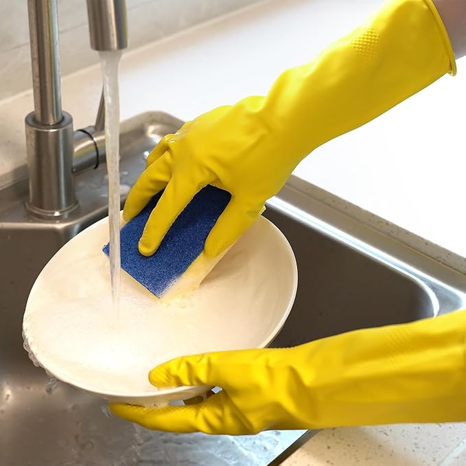 4 Pairs Rubber Kitchen Dishwashing Gloves - Colorful Reusable Household Cleaning Gloves Outdoor Chores for Women & Men (Medium)