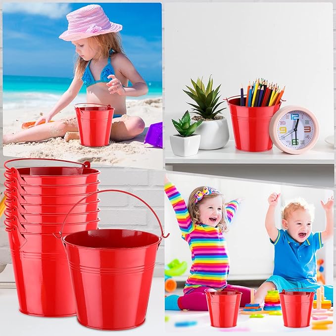 Rtteri 24 Pcs Metal Bucket 5 x 3.5 x 4.7 Inch Mini Party Buckets for Flower Pot Plant Basket Iron Small Metallic Pails with Handle for Container Candy Snack Crafts Vase Party Favors(Red)
